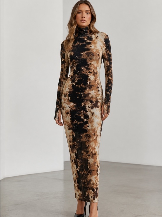 AFRM Dresses & Skirts - Brown/Black Mesh Midi long sleeve dress